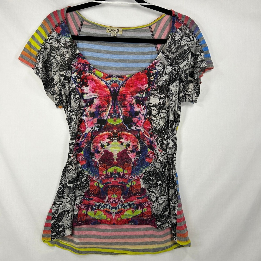 One World Butterfly Graphic & Striped Mixed Print Top – Size Medium